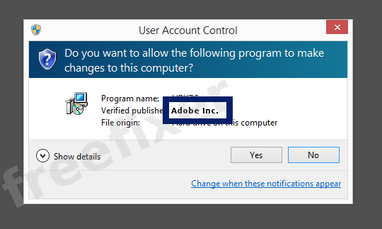 Screenshot where Adobe Inc. appears as the verified publisher in the UAC dialog